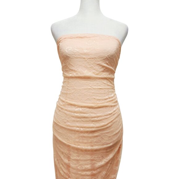 Strapless Peach Lace Midi Dress With Ruched Details & Ruffle Hem Size S - Picture 3 of 12